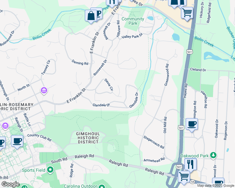 map of restaurants, bars, coffee shops, grocery stores, and more near 1 Davie Lane in Chapel Hill