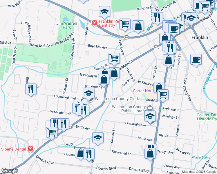 map of restaurants, bars, coffee shops, grocery stores, and more near 1203 West Main Street in Franklin