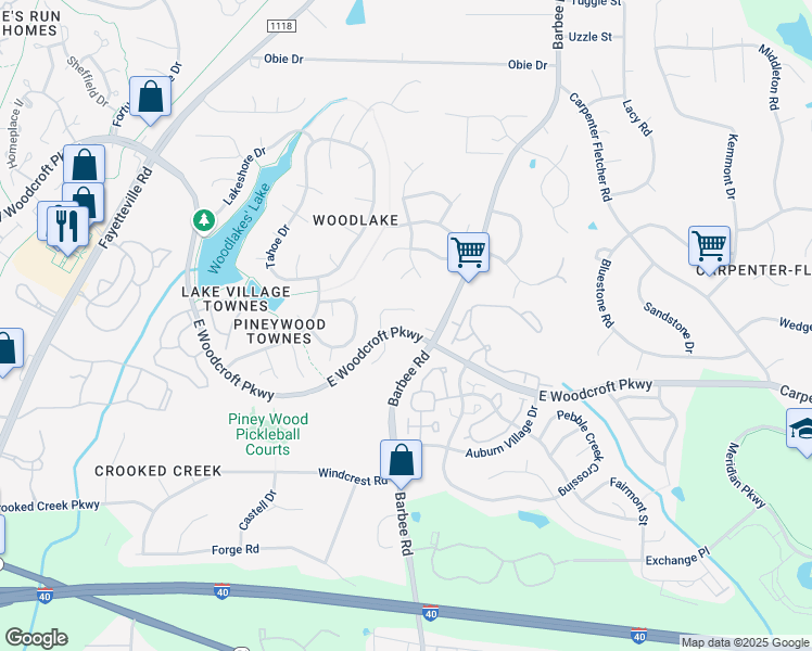 map of restaurants, bars, coffee shops, grocery stores, and more near 651 East Woodcroft Parkway in Durham