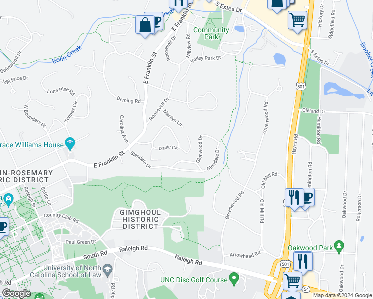 map of restaurants, bars, coffee shops, grocery stores, and more near 1 Davie Lane in Chapel Hill