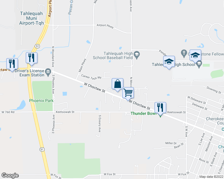 map of restaurants, bars, coffee shops, grocery stores, and more near 1308 West Choctaw Street in Tahlequah
