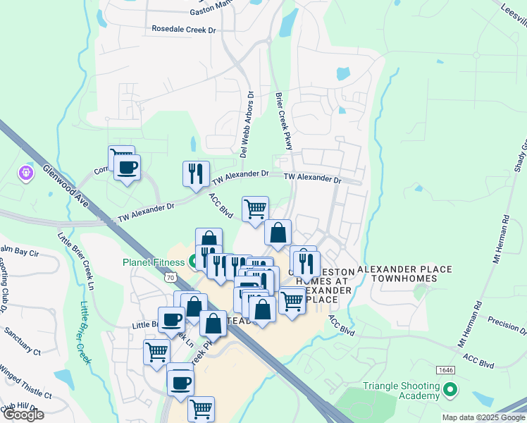 map of restaurants, bars, coffee shops, grocery stores, and more near 7780 Brier Creek Parkway in Raleigh
