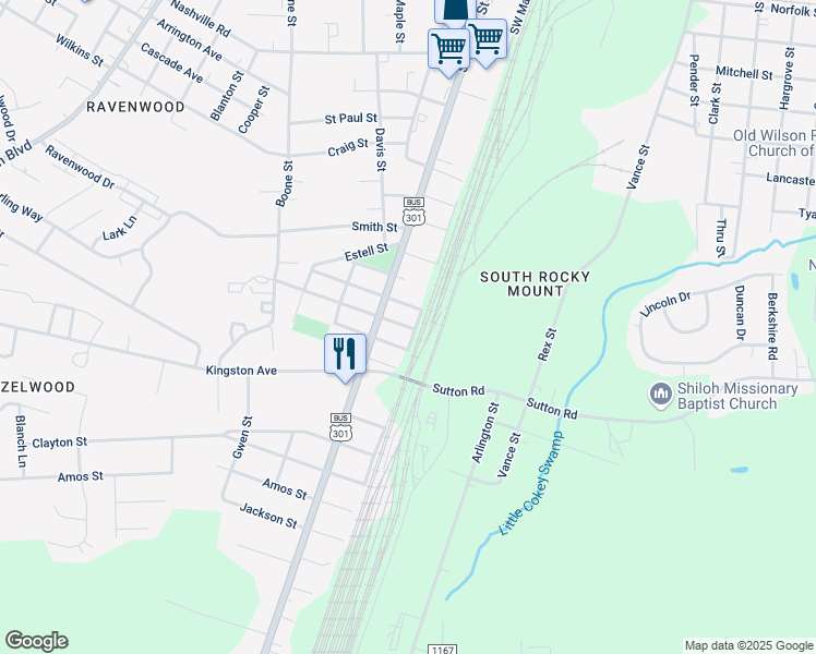 map of restaurants, bars, coffee shops, grocery stores, and more near 116 Home Street in Rocky Mount