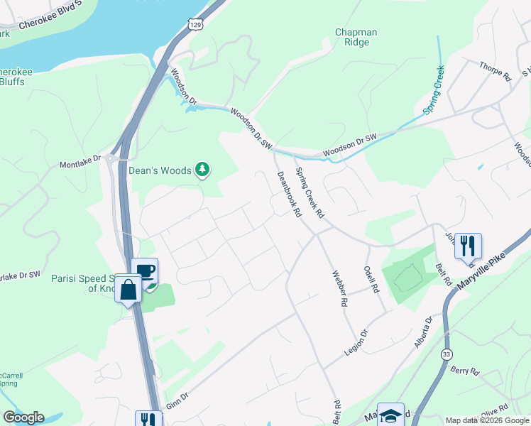 map of restaurants, bars, coffee shops, grocery stores, and more near 3000 Saratoga Drive in Knoxville
