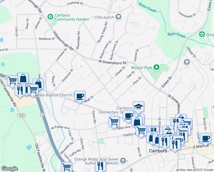 map of restaurants, bars, coffee shops, grocery stores, and more near 406 Hillsborough Road in Carrboro