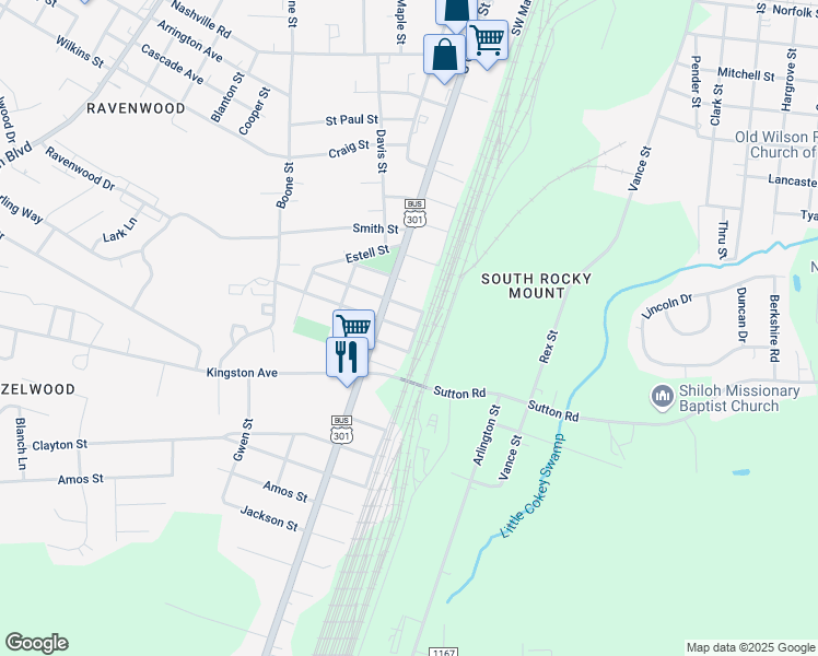 map of restaurants, bars, coffee shops, grocery stores, and more near 116 Home Street in Rocky Mount