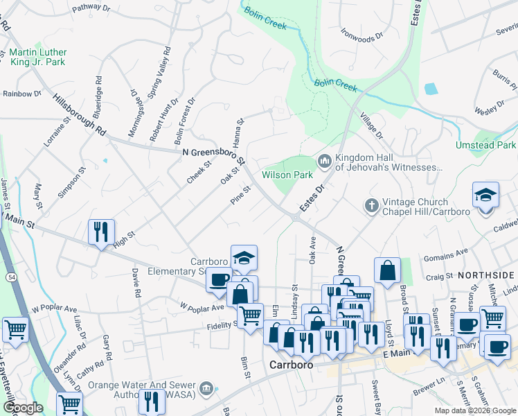 map of restaurants, bars, coffee shops, grocery stores, and more near 901 North Greensboro Street in Carrboro