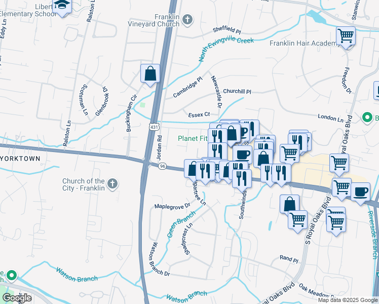 map of restaurants, bars, coffee shops, grocery stores, and more near 719 Castle Drive in Franklin