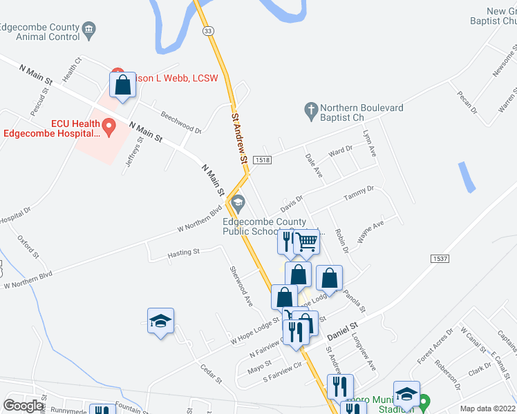 map of restaurants, bars, coffee shops, grocery stores, and more near 2306 Saint Andrew Street in Tarboro