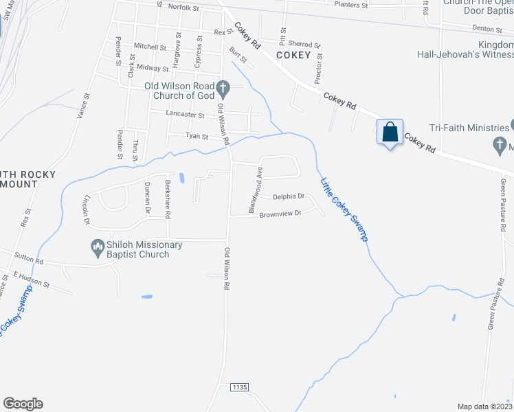 map of restaurants, bars, coffee shops, grocery stores, and more near 1833 Blandwood Drive in Rocky Mount