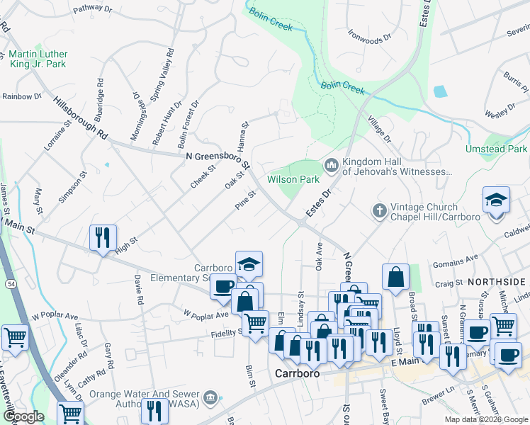 map of restaurants, bars, coffee shops, grocery stores, and more near 901 North Greensboro Street in Carrboro