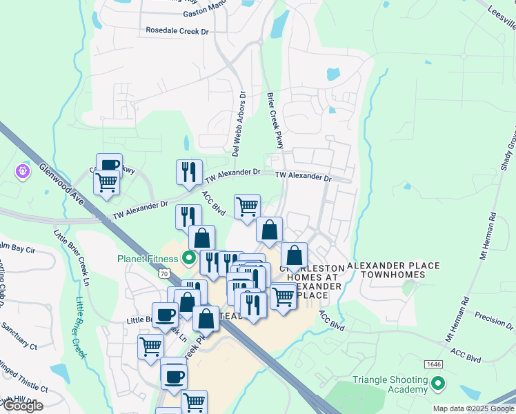 map of restaurants, bars, coffee shops, grocery stores, and more near 7780 Brier Creek Parkway in Raleigh