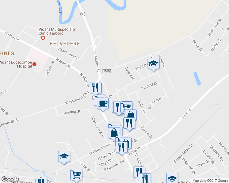 map of restaurants, bars, coffee shops, grocery stores, and more near 402 Holly Court in Tarboro