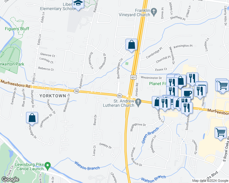 map of restaurants, bars, coffee shops, grocery stores, and more near 1001 Buckingham Circle in Franklin