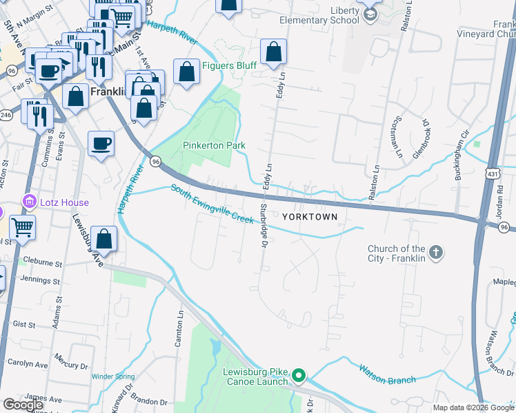 map of restaurants, bars, coffee shops, grocery stores, and more near 103 Blue Grass Drive in Franklin