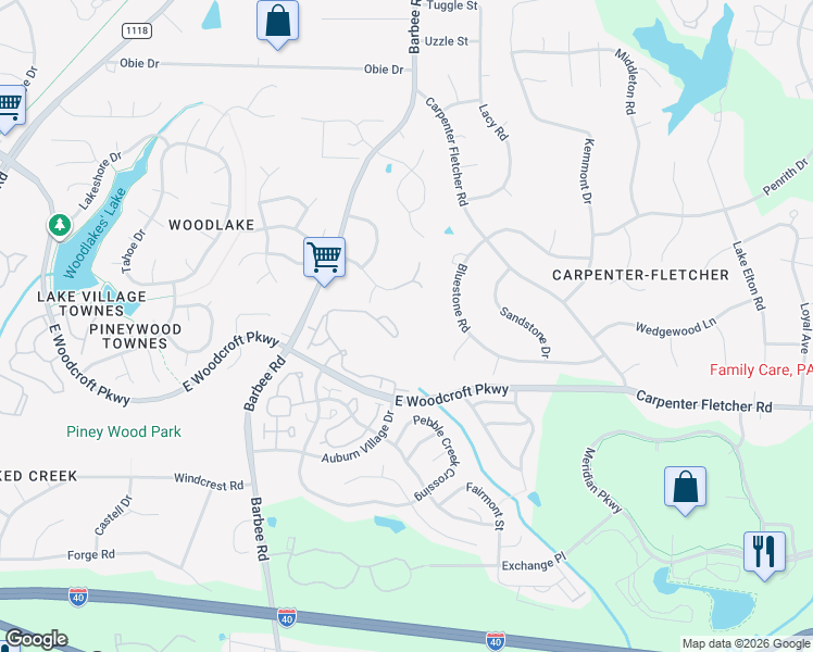 map of restaurants, bars, coffee shops, grocery stores, and more near 801 East Woodcroft Parkway in Durham