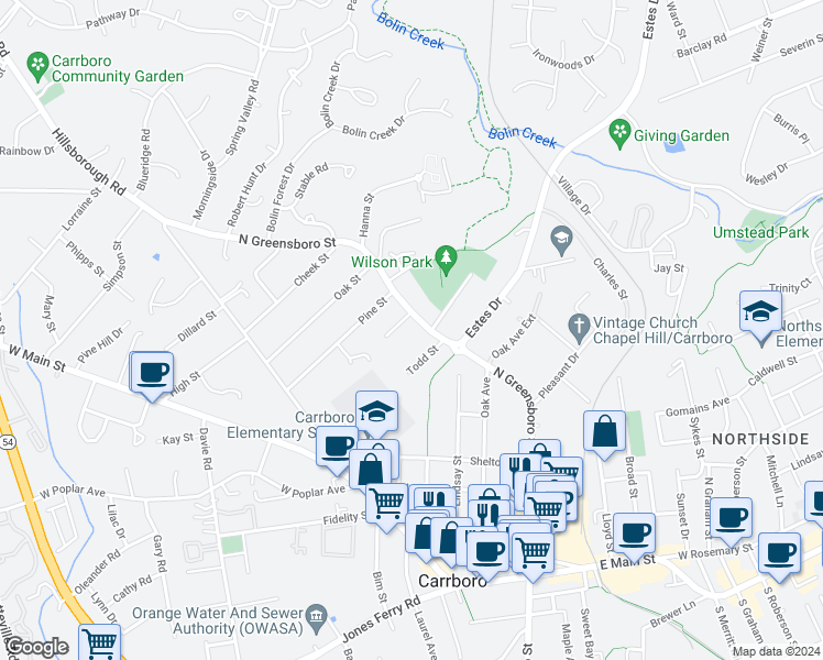 map of restaurants, bars, coffee shops, grocery stores, and more near 907 North Greensboro Street in Carrboro