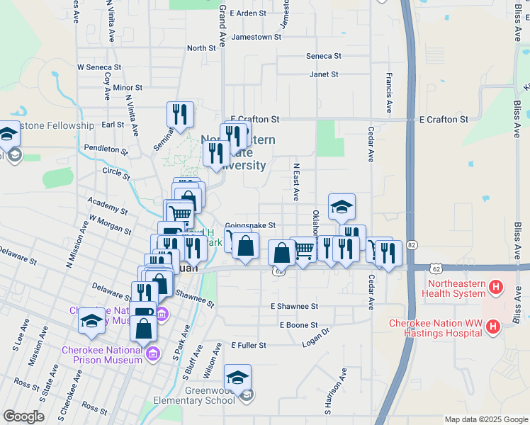 map of restaurants, bars, coffee shops, grocery stores, and more near 506 North Oak Avenue in Tahlequah