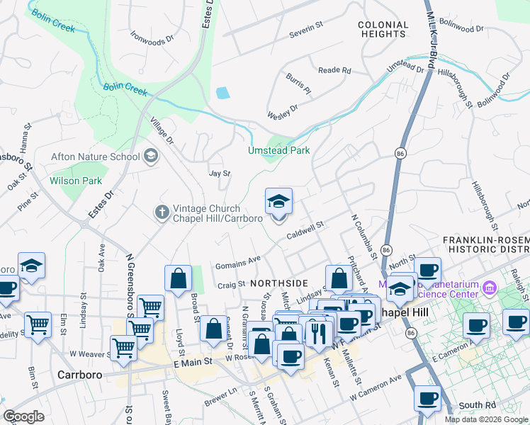 map of restaurants, bars, coffee shops, grocery stores, and more near 350 Caldwell Street in Chapel Hill