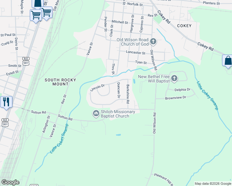map of restaurants, bars, coffee shops, grocery stores, and more near 520 Lincoln Drive in Rocky Mount