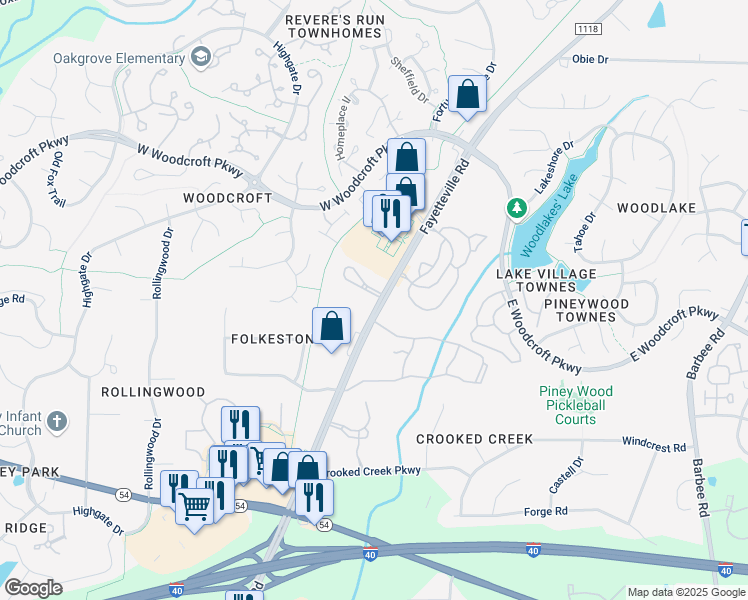 map of restaurants, bars, coffee shops, grocery stores, and more near 6000 Fayetteville Road in Durham