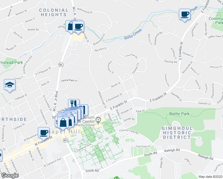 map of restaurants, bars, coffee shops, grocery stores, and more near 501 East Rosemary Street in Chapel Hill