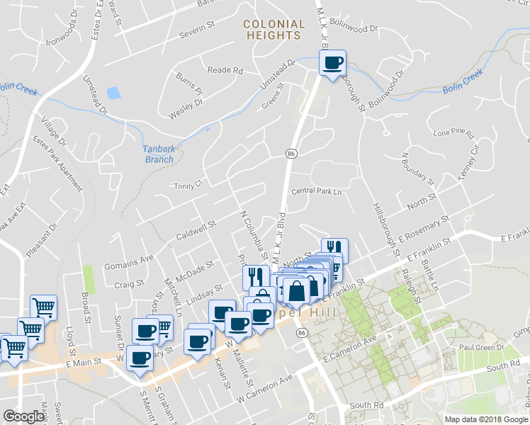 map of restaurants, bars, coffee shops, grocery stores, and more near 107 Stephens Street in Chapel Hill
