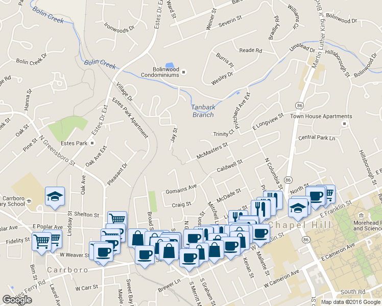map of restaurants, bars, coffee shops, grocery stores, and more near 337 McMasters Street in Chapel Hill