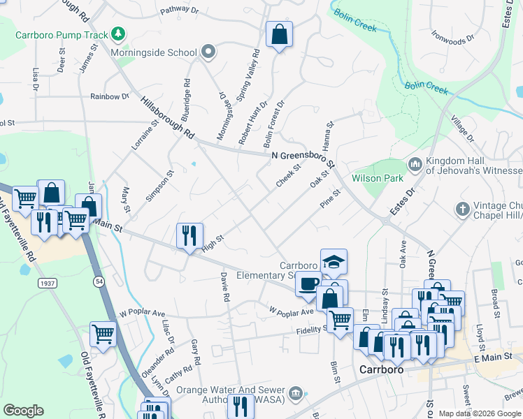 map of restaurants, bars, coffee shops, grocery stores, and more near 402 Hillsborough Road in Carrboro