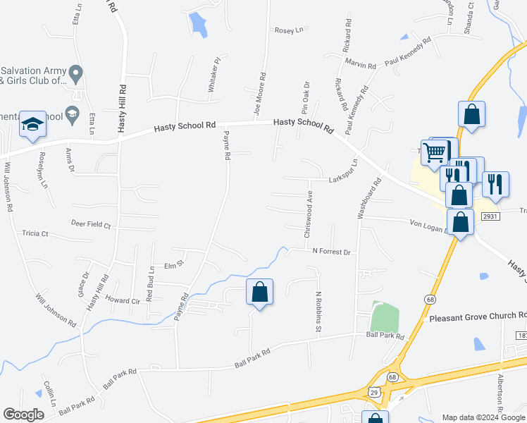 map of restaurants, bars, coffee shops, grocery stores, and more near 19 Birchwood Court in Thomasville