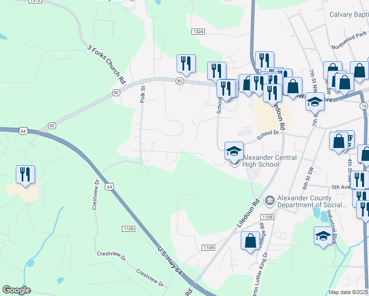 map of restaurants, bars, coffee shops, grocery stores, and more near 209 West Jay Drive in Township of Taylorsville