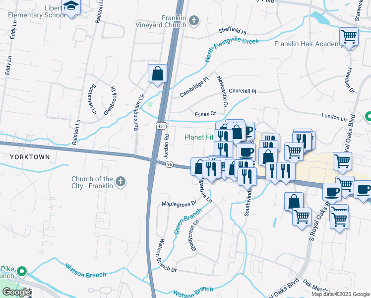 map of restaurants, bars, coffee shops, grocery stores, and more near 907 Murfreesboro Road in Franklin