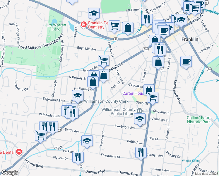 map of restaurants, bars, coffee shops, grocery stores, and more near 1132 Park Street in Franklin