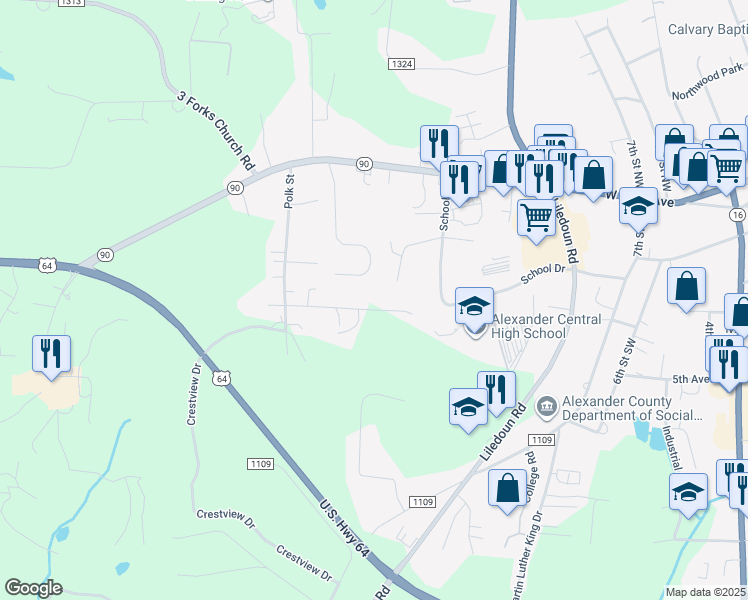 map of restaurants, bars, coffee shops, grocery stores, and more near 209 West Jay Drive in Township of Taylorsville