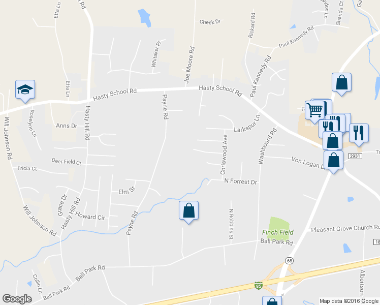 map of restaurants, bars, coffee shops, grocery stores, and more near 19 Birchwood Court in Thomasville