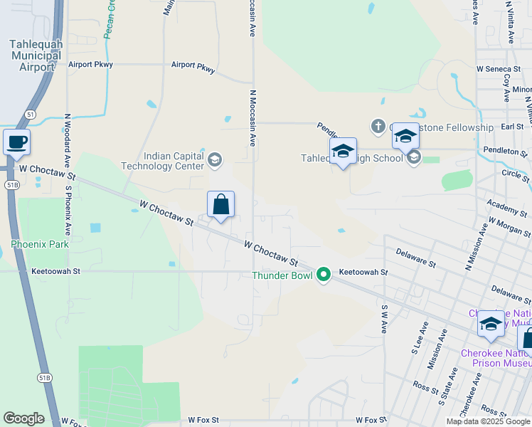 map of restaurants, bars, coffee shops, grocery stores, and more near 162 North Moccasin Avenue in Tahlequah