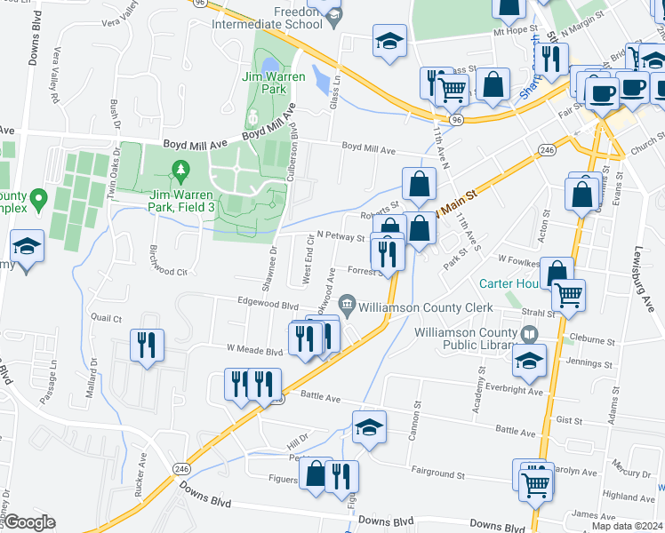 map of restaurants, bars, coffee shops, grocery stores, and more near 1199 Brookwood Avenue in Franklin