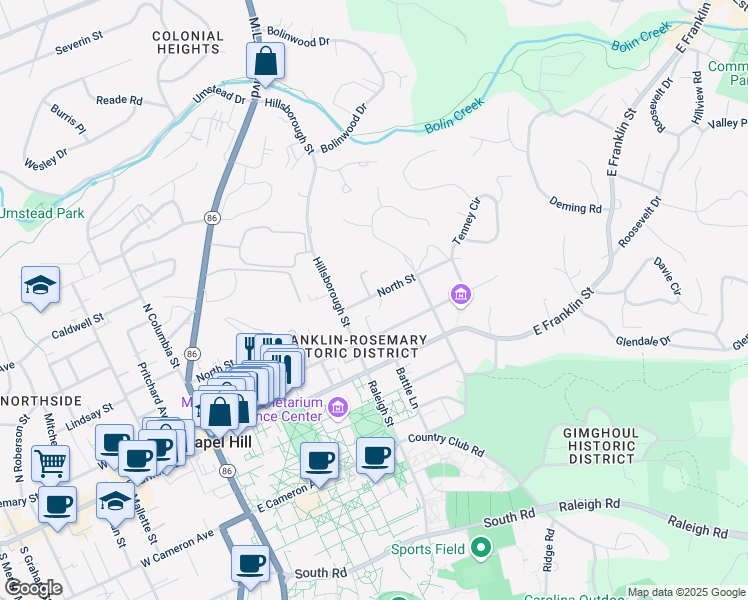 map of restaurants, bars, coffee shops, grocery stores, and more near 502 North Street in Chapel Hill