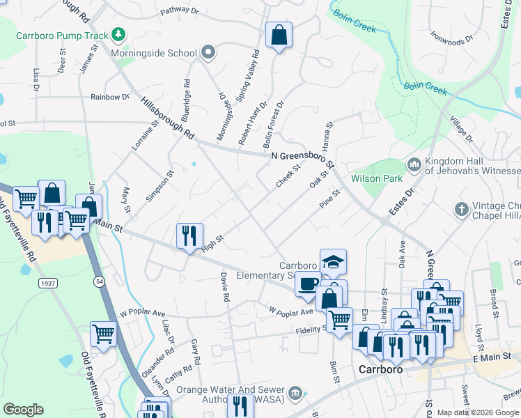 map of restaurants, bars, coffee shops, grocery stores, and more near 402 Hillsborough Road in Carrboro