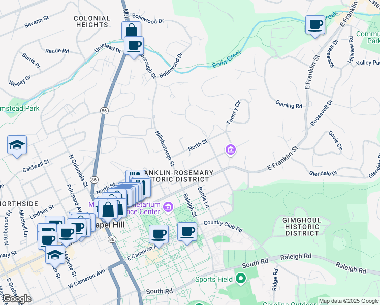 map of restaurants, bars, coffee shops, grocery stores, and more near 506 North Street in Chapel Hill