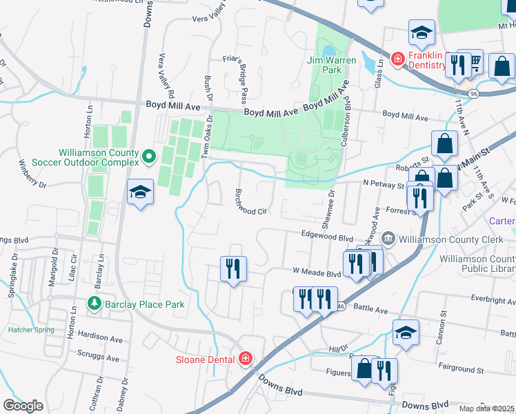 map of restaurants, bars, coffee shops, grocery stores, and more near 1543 Birchwood Circle in Franklin