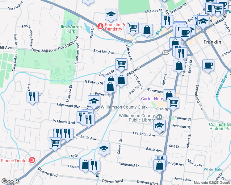 map of restaurants, bars, coffee shops, grocery stores, and more near 1203 West Main Street in Franklin