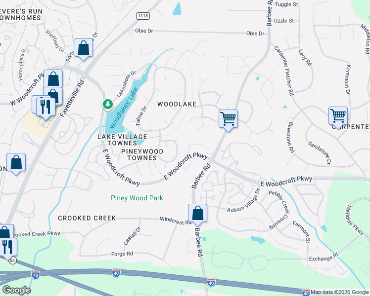 map of restaurants, bars, coffee shops, grocery stores, and more near 6 Piney Park Lane in Durham