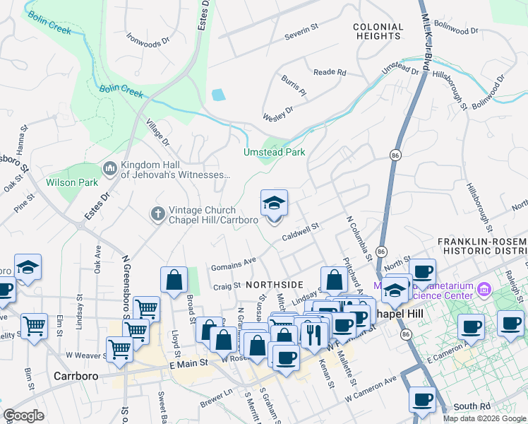 map of restaurants, bars, coffee shops, grocery stores, and more near 350 Caldwell Street in Chapel Hill