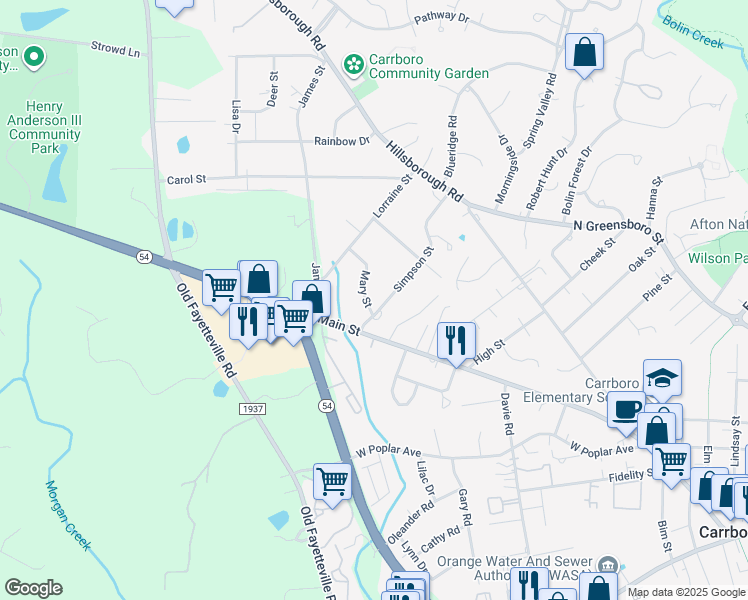map of restaurants, bars, coffee shops, grocery stores, and more near 301 Simpson Street in Carrboro