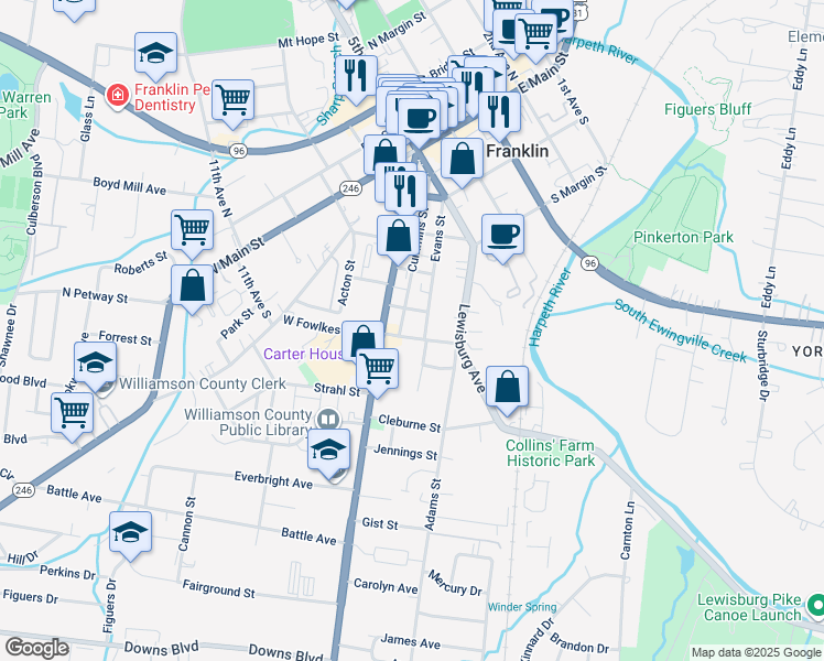 map of restaurants, bars, coffee shops, grocery stores, and more near 1117 Columbia Avenue in Franklin