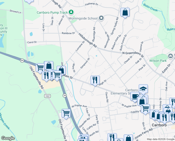 map of restaurants, bars, coffee shops, grocery stores, and more near 98 Pine Hill Drive in Carrboro