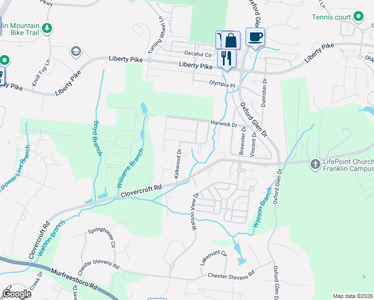map of restaurants, bars, coffee shops, grocery stores, and more near 1205 Gilroy Circle in Franklin