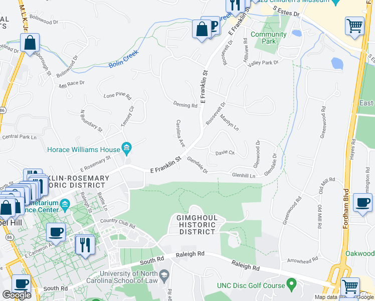 map of restaurants, bars, coffee shops, grocery stores, and more near East Franklin Street & Carolina Avenue in Chapel Hill