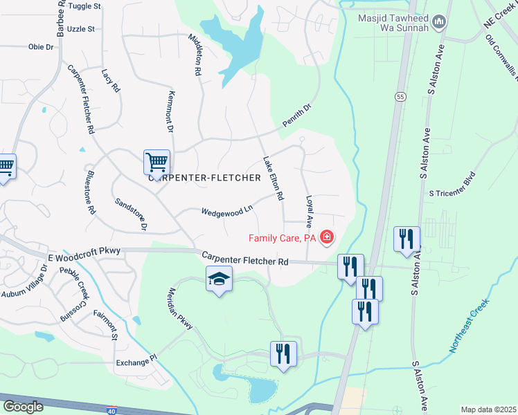 map of restaurants, bars, coffee shops, grocery stores, and more near 1202 Wedgewood Lane in Durham